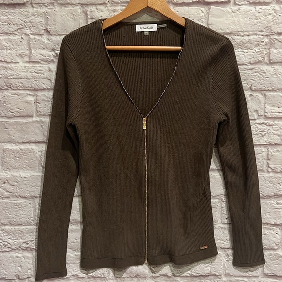 Calvin Klein brown ribbed sweater gold zipper - Picture 1 of 6